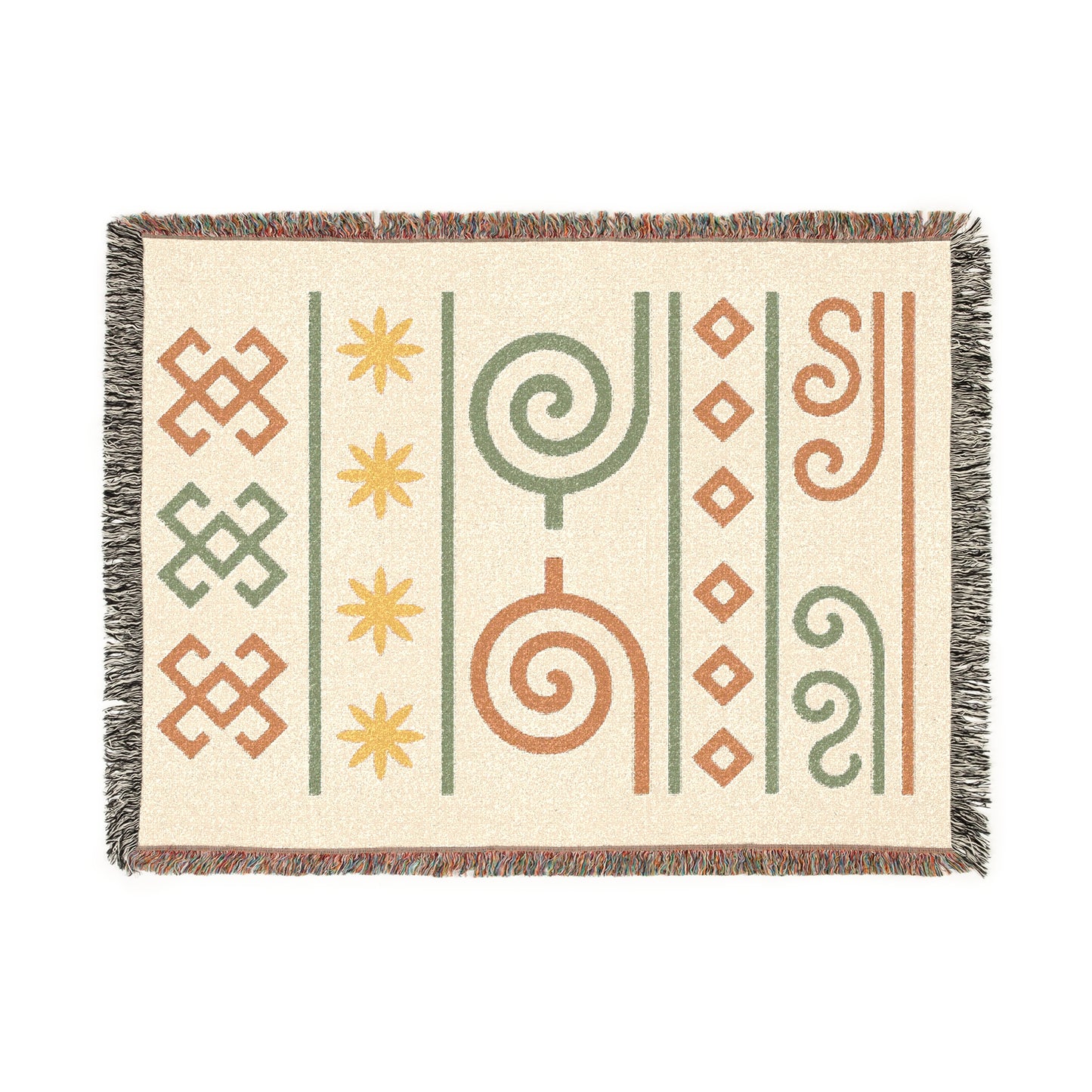 Sage, Terracotta & Gold Boho Tribal Symbol Woven Throw Blanket - Illyrian Weave