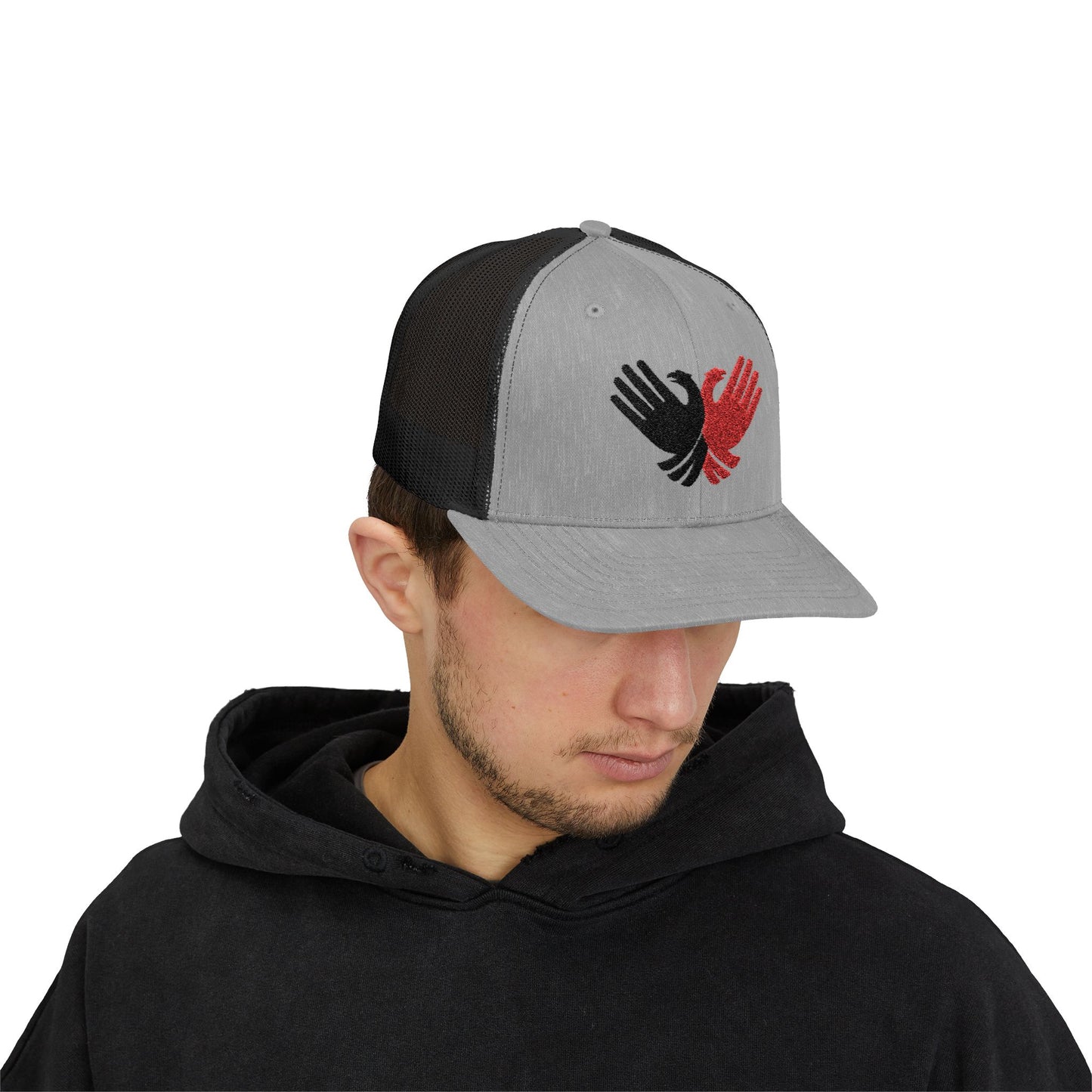 Albanian Pride Trucker Hat - Crossed Hands Double-Headed Eagle Design