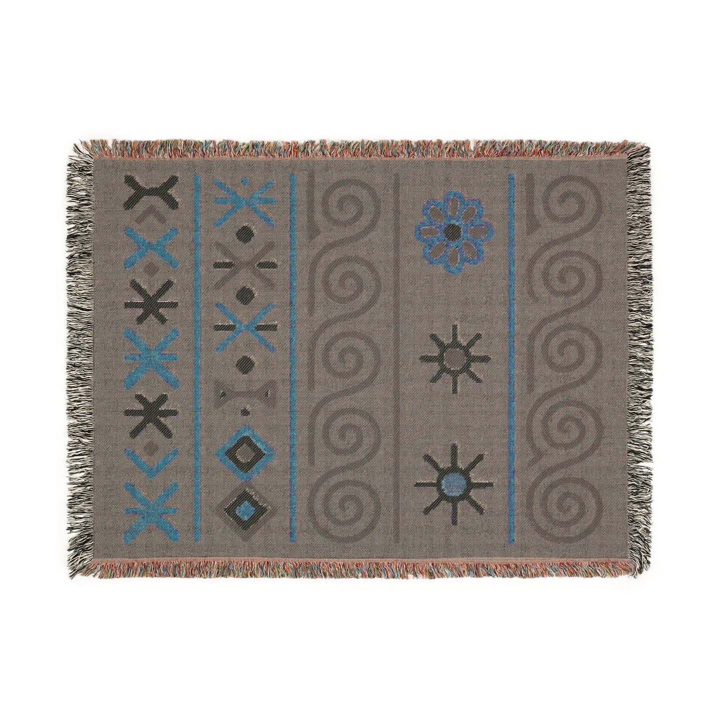 Sage Green, Black & Sand Boho Sunburst Symbol Woven Throw Blanket - llyrian Weave