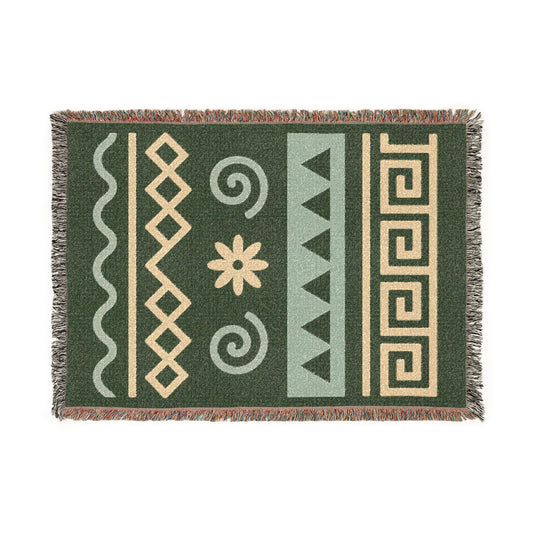 Sage Green & Soft Gold Boho Tribal Harmony Woven Throw Blanket - Illyrian Weave