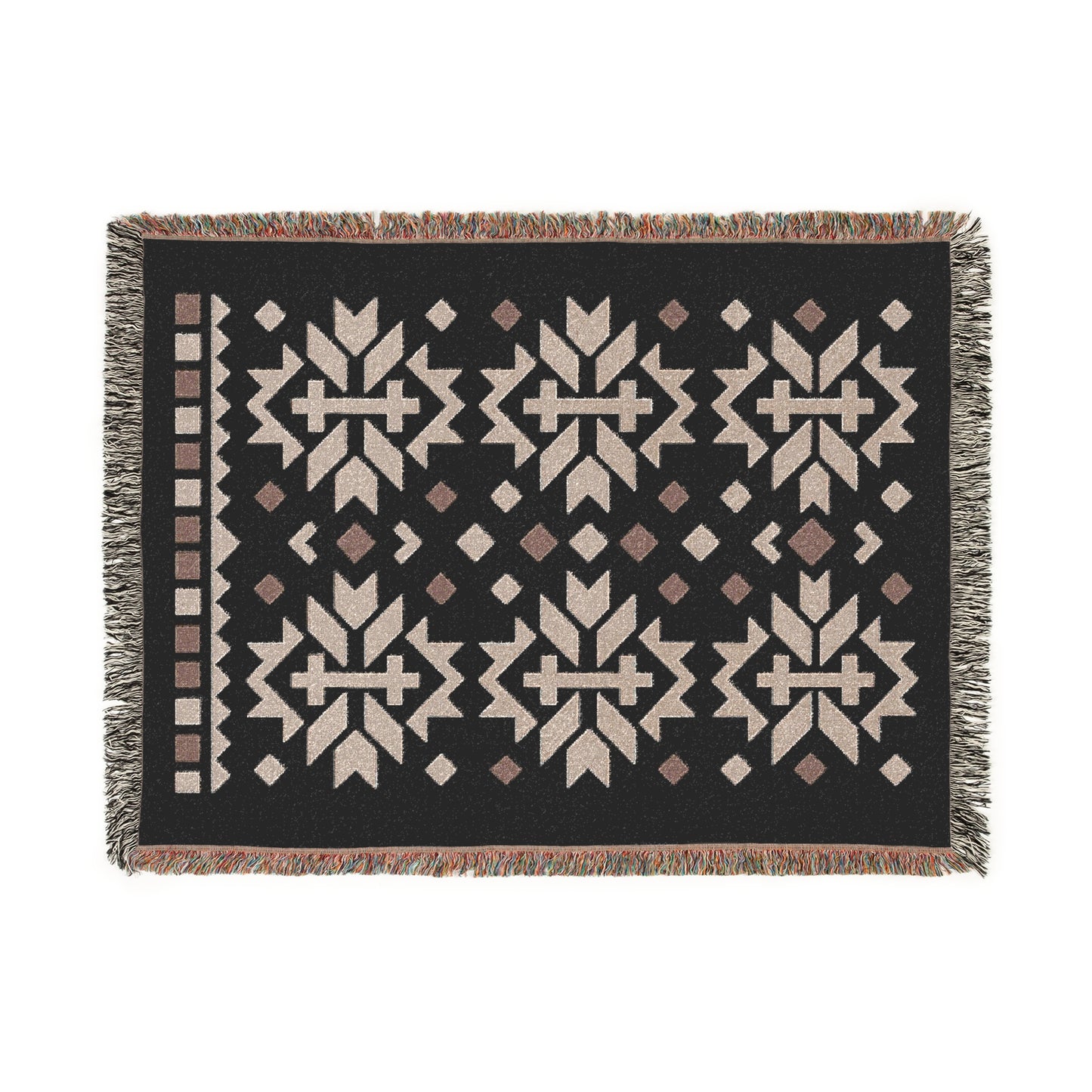 Taupe, Stone & Cream Boho Folk Cross Pattern Woven Throw Blanket - Illyrian Weave