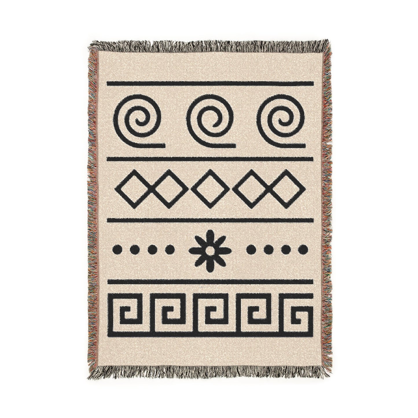 Cream & Deep Navy Boho Spiral and Floral Geometric Woven Throw Blanket - Illyrian Weave