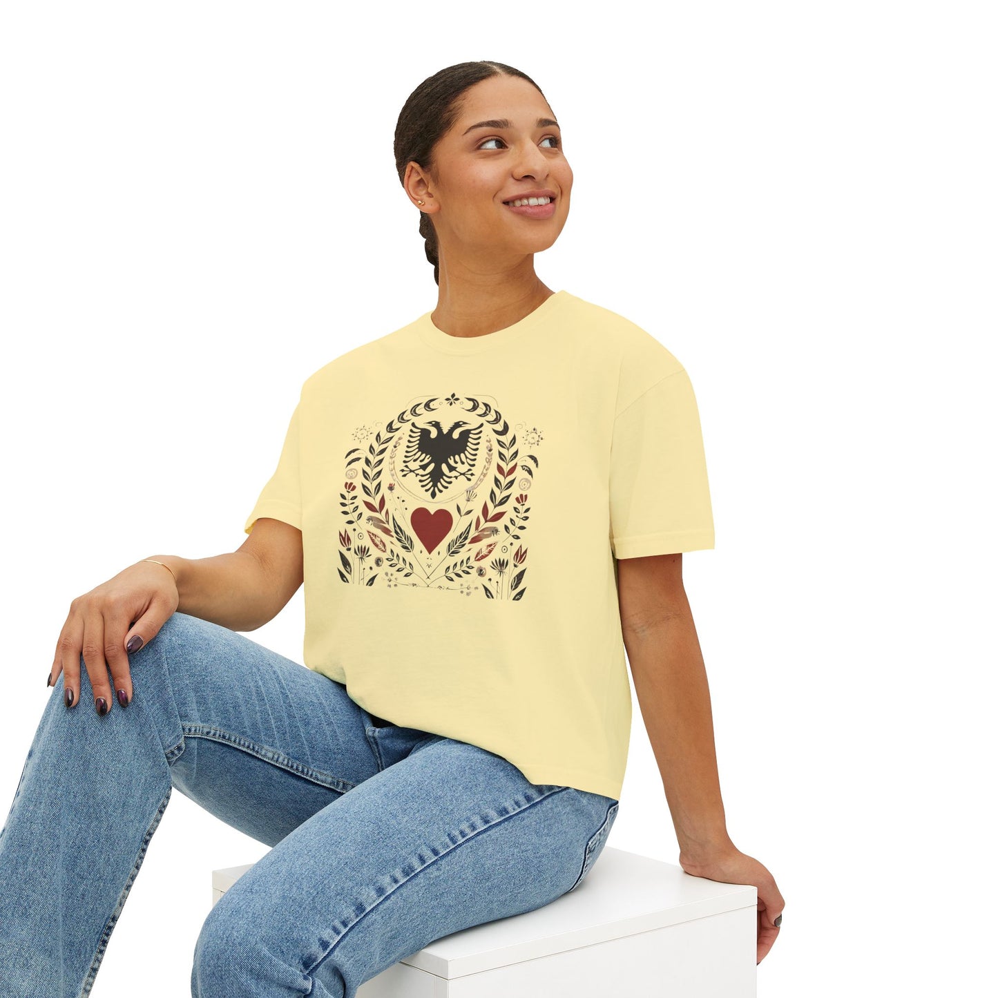 Albanian Heritage Tee – Double-Headed Eagle & Heart | Folk Art Oversized Boxy Fit