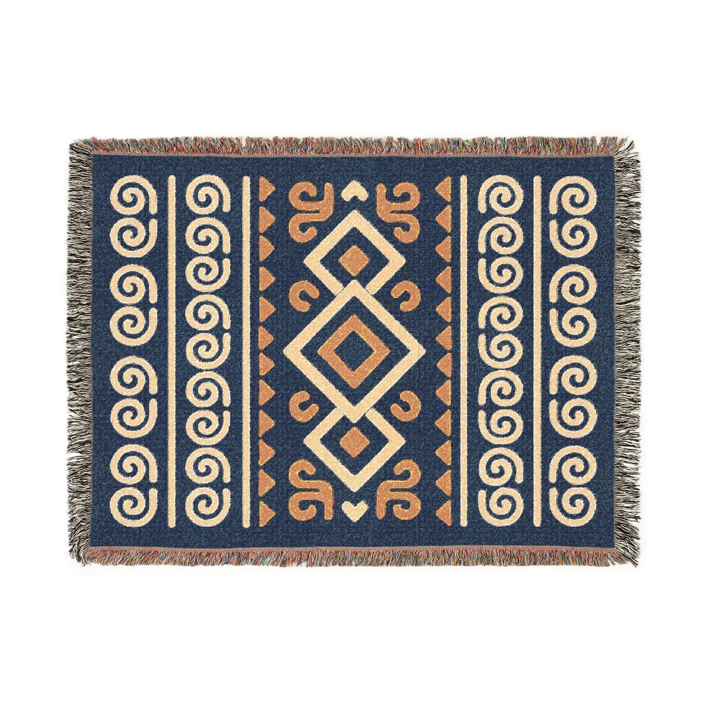 Navy, Gold and Cream Boho Diamond Spiral Woven Throw Blanket - Illyrian Weave