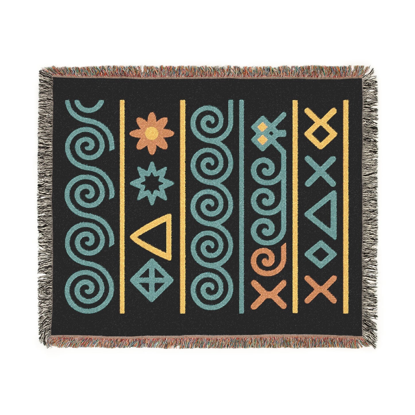 Black, Teal & Golden Boho Tribal Symbol Woven Throw Blanket - Illyrian Weave