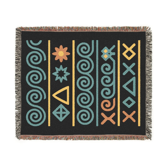 Black, Teal & Golden Boho Tribal Symbol Woven Throw Blanket - Illyrian Weave