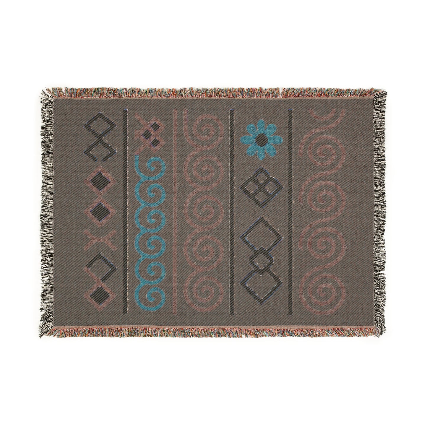 Forest Green, Teal & Sunset Boho Geometric Symbol Woven Throw Blanket - Illyrian Weave