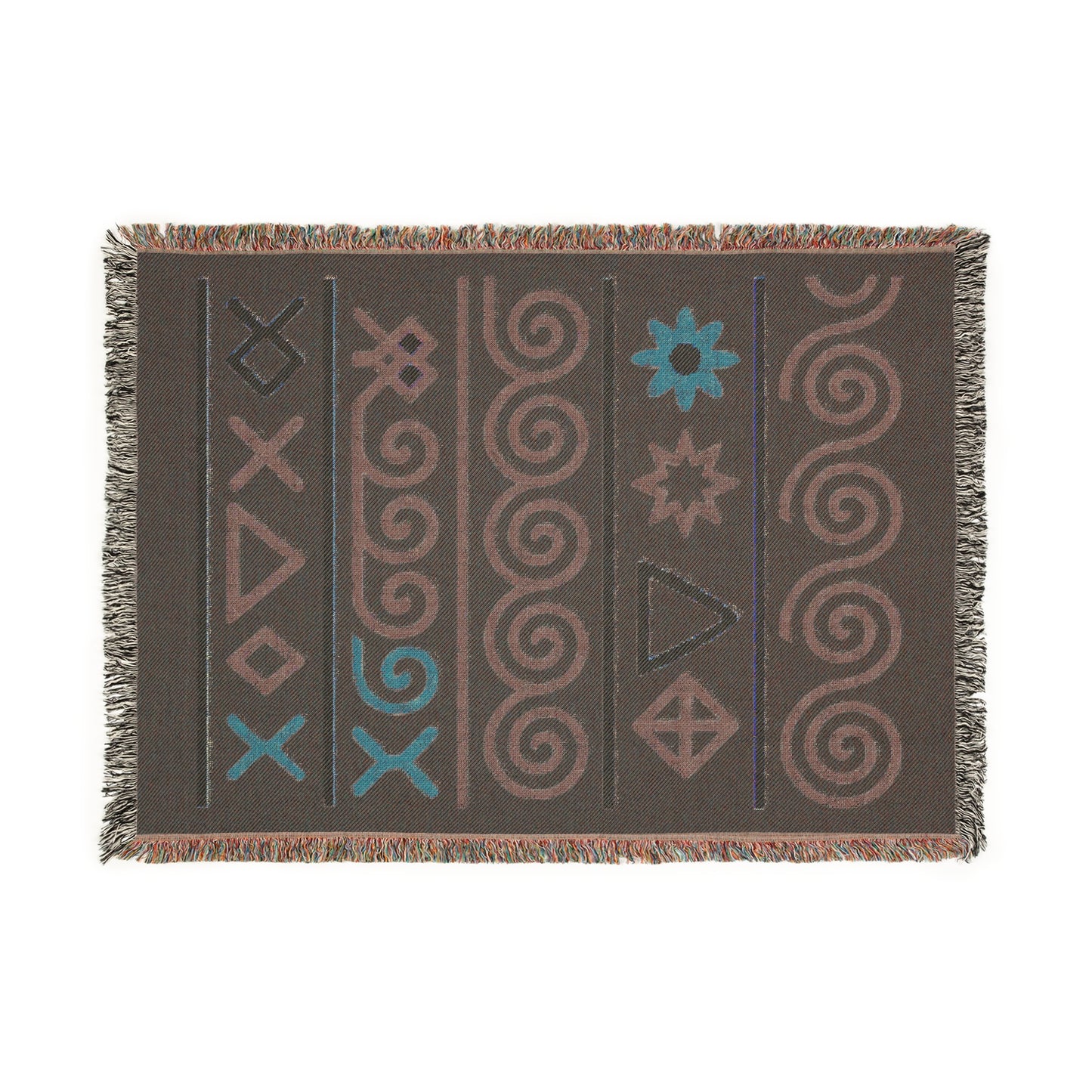 Black, Teal & Golden Boho Tribal Symbol Woven Throw Blanket - Illyrian Weave