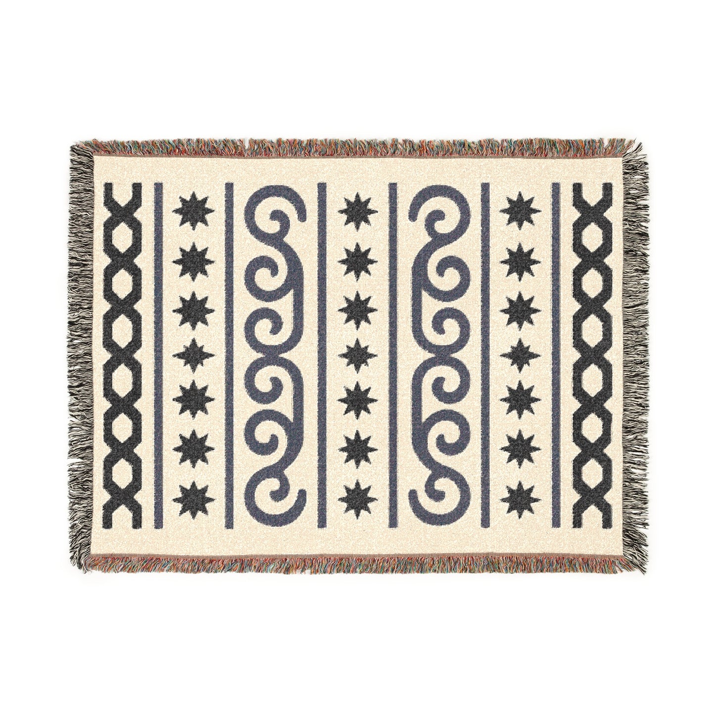 Cream & Charcoal Boho Star and Wave Woven Throw Blanket - Illyrian Weave