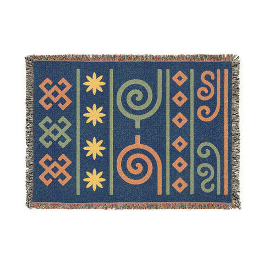 Navy, Terracotta & Sage Boho Tribal Symbol Woven Throw Blanket - Illyrian Weave