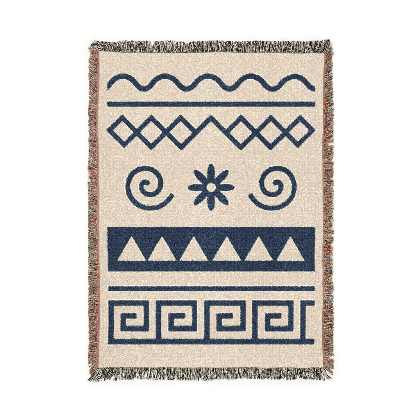 Cream & Deep Navy Boho Floral and Geometric Woven Throw Blanket - Illyrian Weave