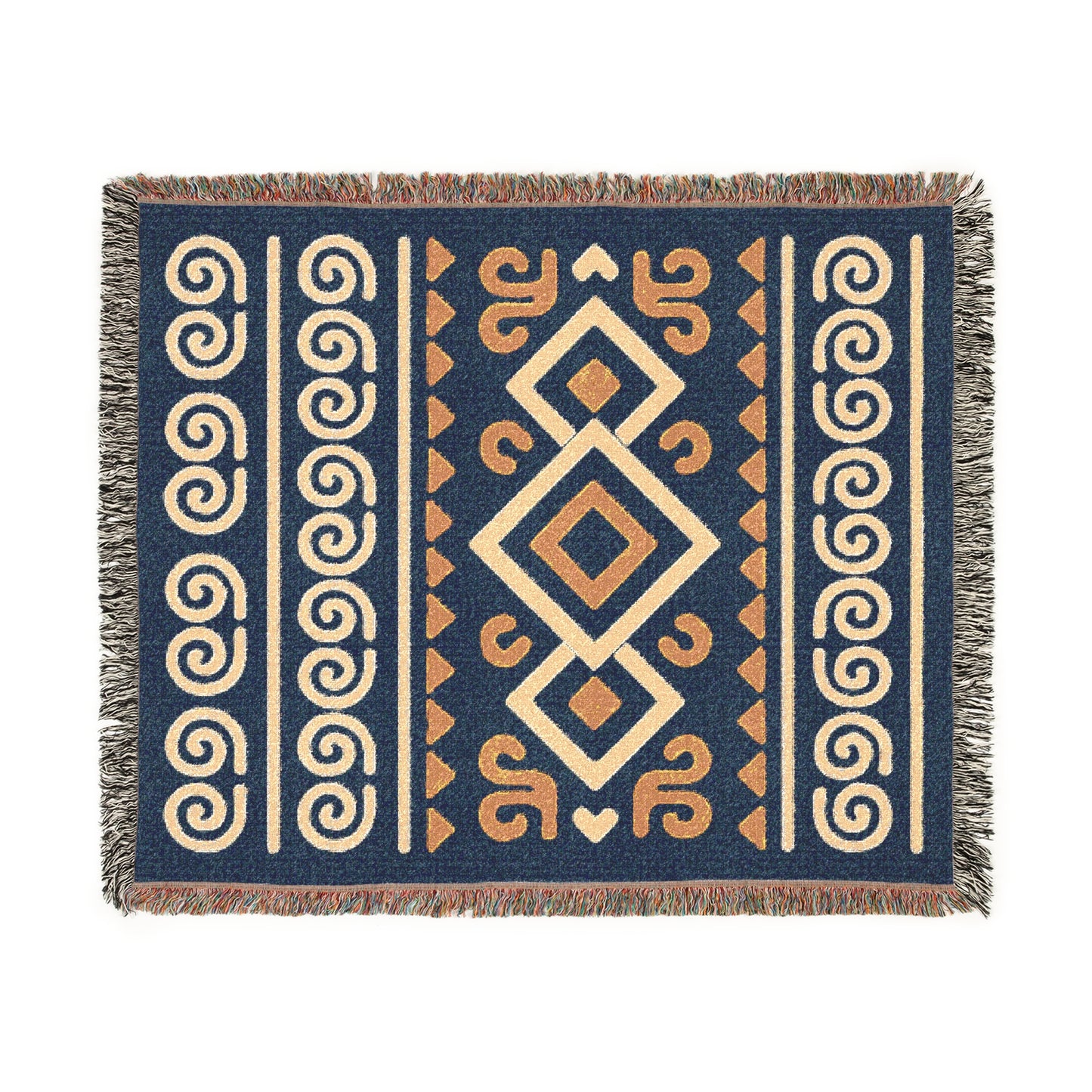 Navy, Gold and Cream Boho Diamond Spiral Woven Throw Blanket - Illyrian Weave