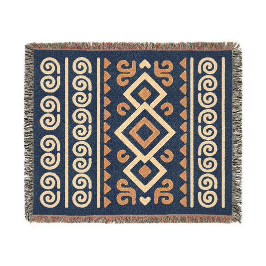 Navy, Gold and Cream Boho Diamond Spiral Woven Throw Blanket - Illyrian Weave