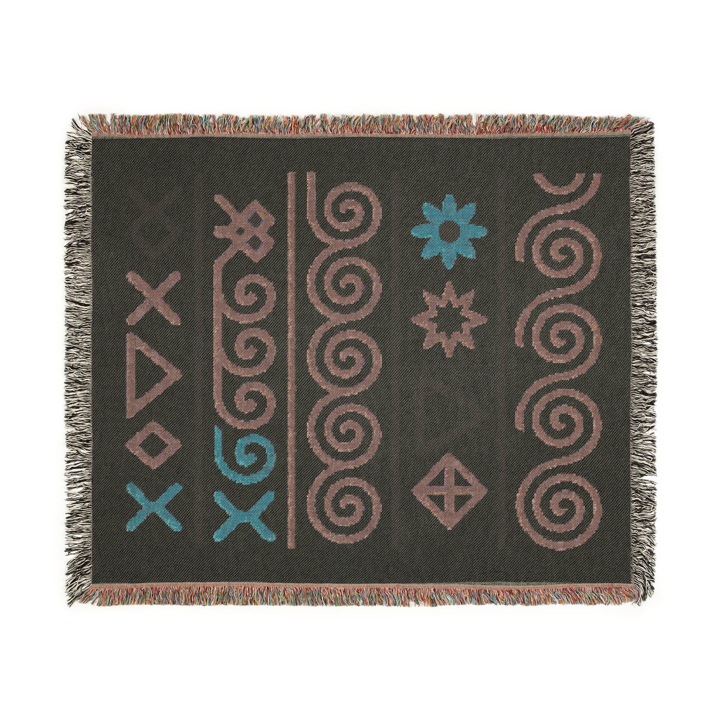 Cream, Teal & Golden Boho Tribal Symbol Woven Throw Blanket - Illyrian Weave