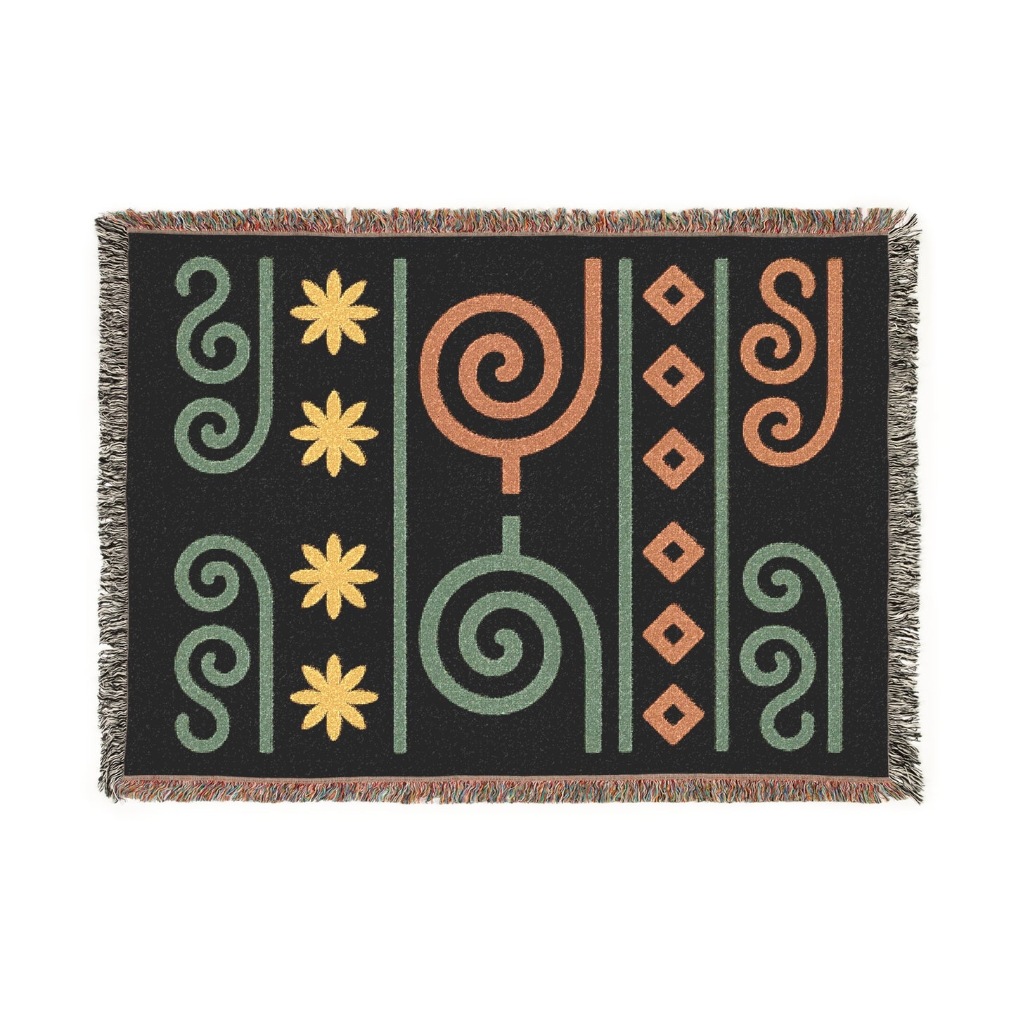 Black, Sage and Terracotta Boho Spiral & Diamond Woven Throw Blanket - Illyrian Weave