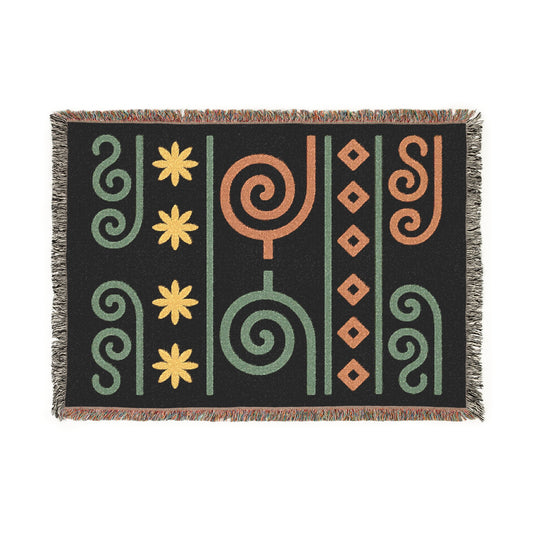 Black, Sage and Terracotta Boho Spiral & Diamond Woven Throw Blanket - Illyrian Weave