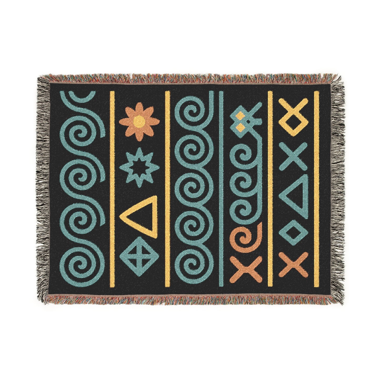 Black, Teal & Golden Boho Tribal Symbol Woven Throw Blanket - Illyrian Weave