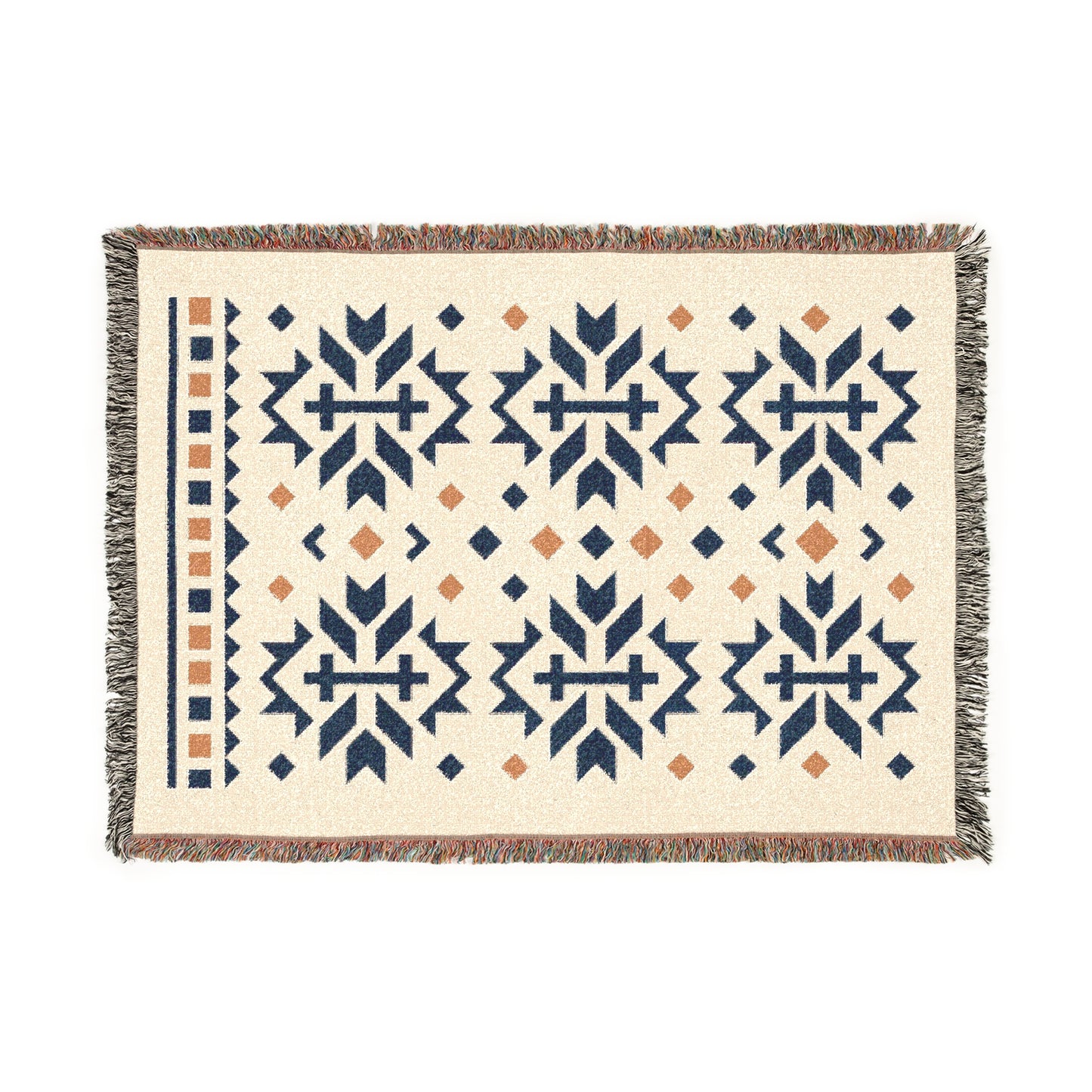 Navy, Gold & Cream Boho Folk Cross Pattern Woven Throw Blanket - Illyrian Weave