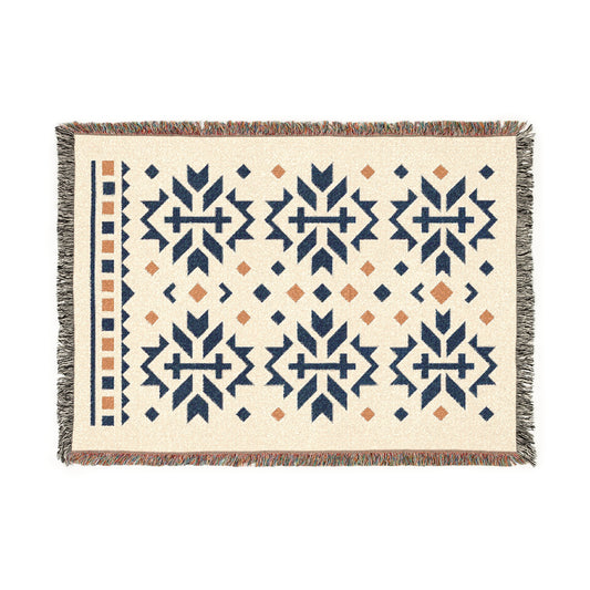 Navy, Gold & Cream Boho Folk Cross Pattern Woven Throw Blanket - Illyrian Weave
