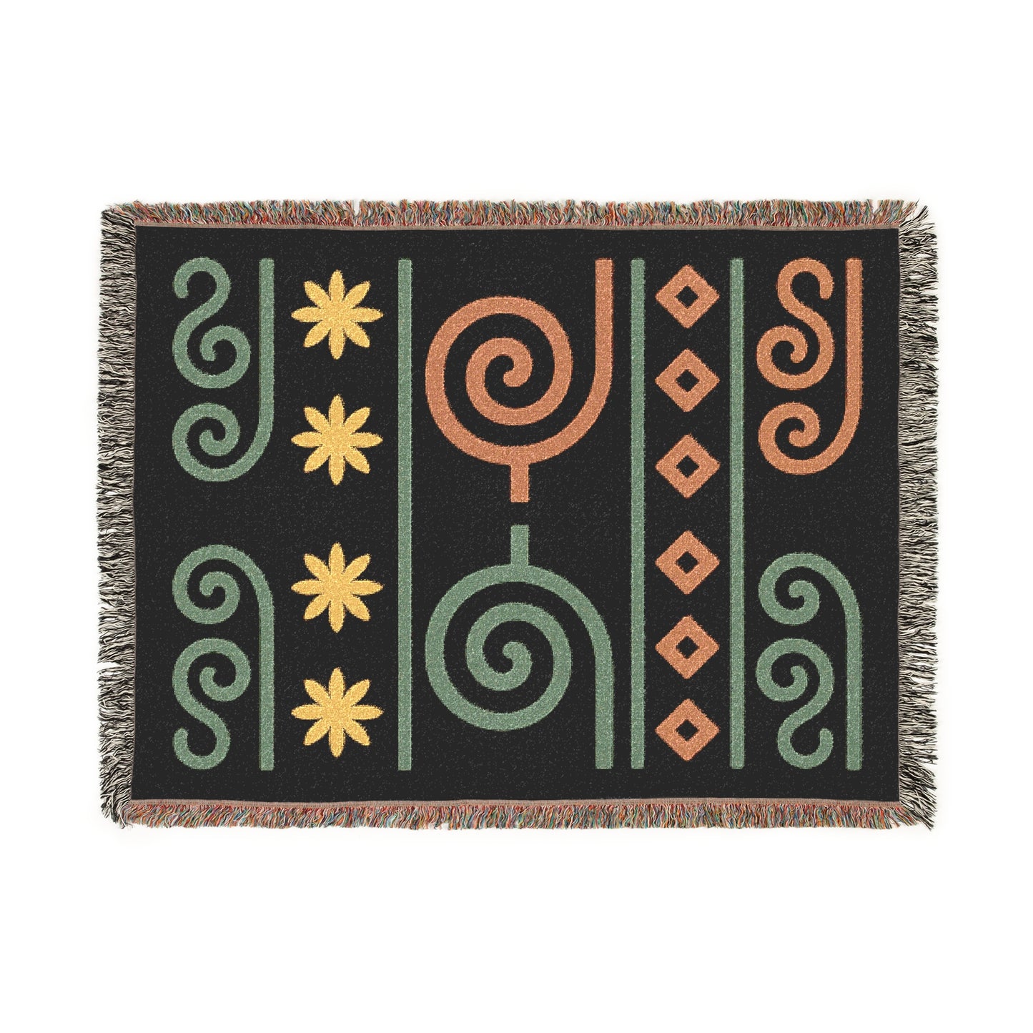 Black, Sage and Terracotta Boho Spiral & Diamond Woven Throw Blanket - Illyrian Weave