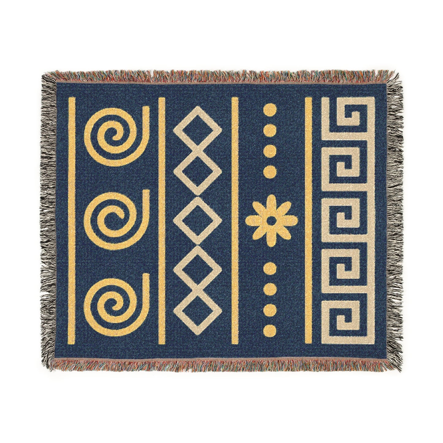 Illyrian Weave - Boho Golden Spiral Woven Throw Blanket in Ochre & Deep Blue