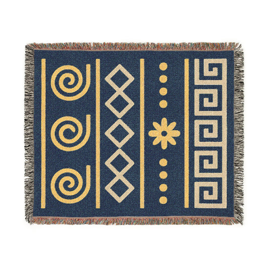 Illyrian Weave - Boho Golden Spiral Woven Throw Blanket in Ochre & Deep Blue