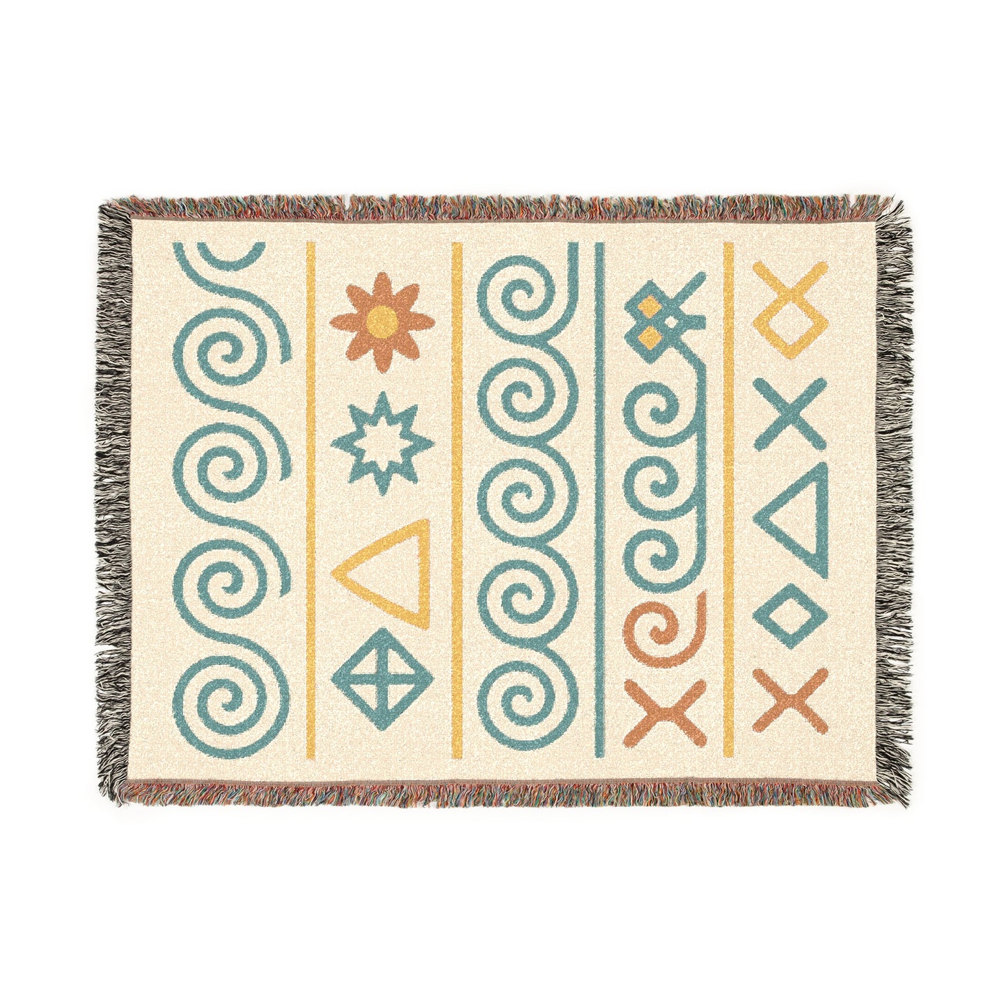 Cream, Teal & Golden Boho Tribal Symbol Woven Throw Blanket - Illyrian Weave