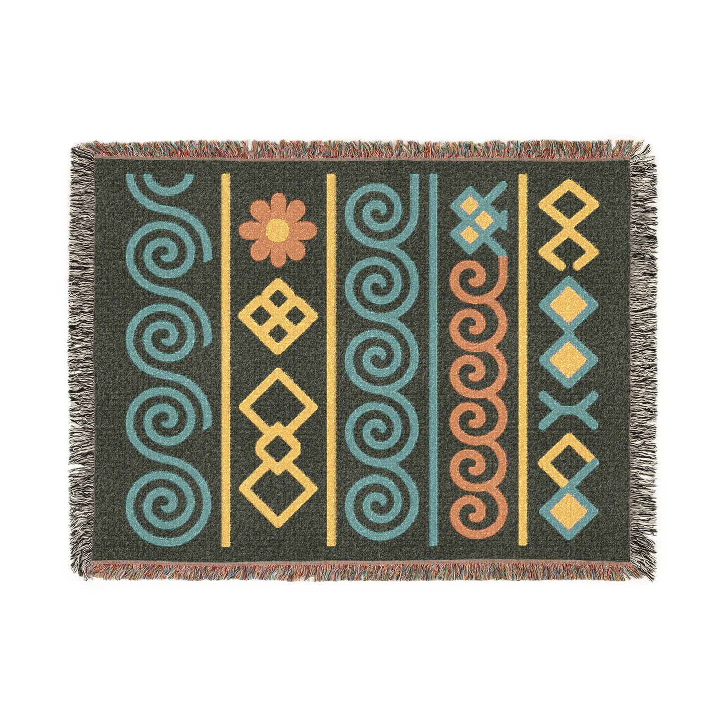Forest Green, Teal & Sunset Boho Geometric Symbol Woven Throw Blanket - Illyrian Weave
