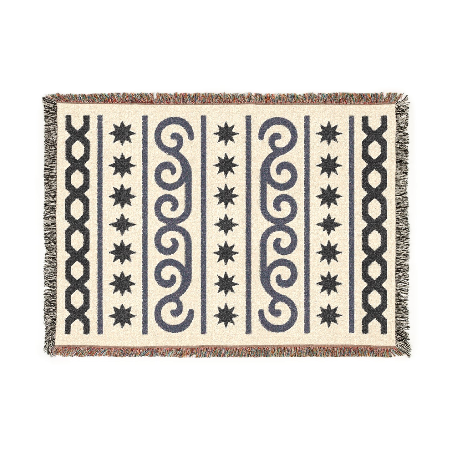 Cream & Charcoal Boho Star and Wave Woven Throw Blanket - Illyrian Weave