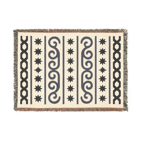 Cream & Charcoal Boho Star and Wave Woven Throw Blanket - Illyrian Weave