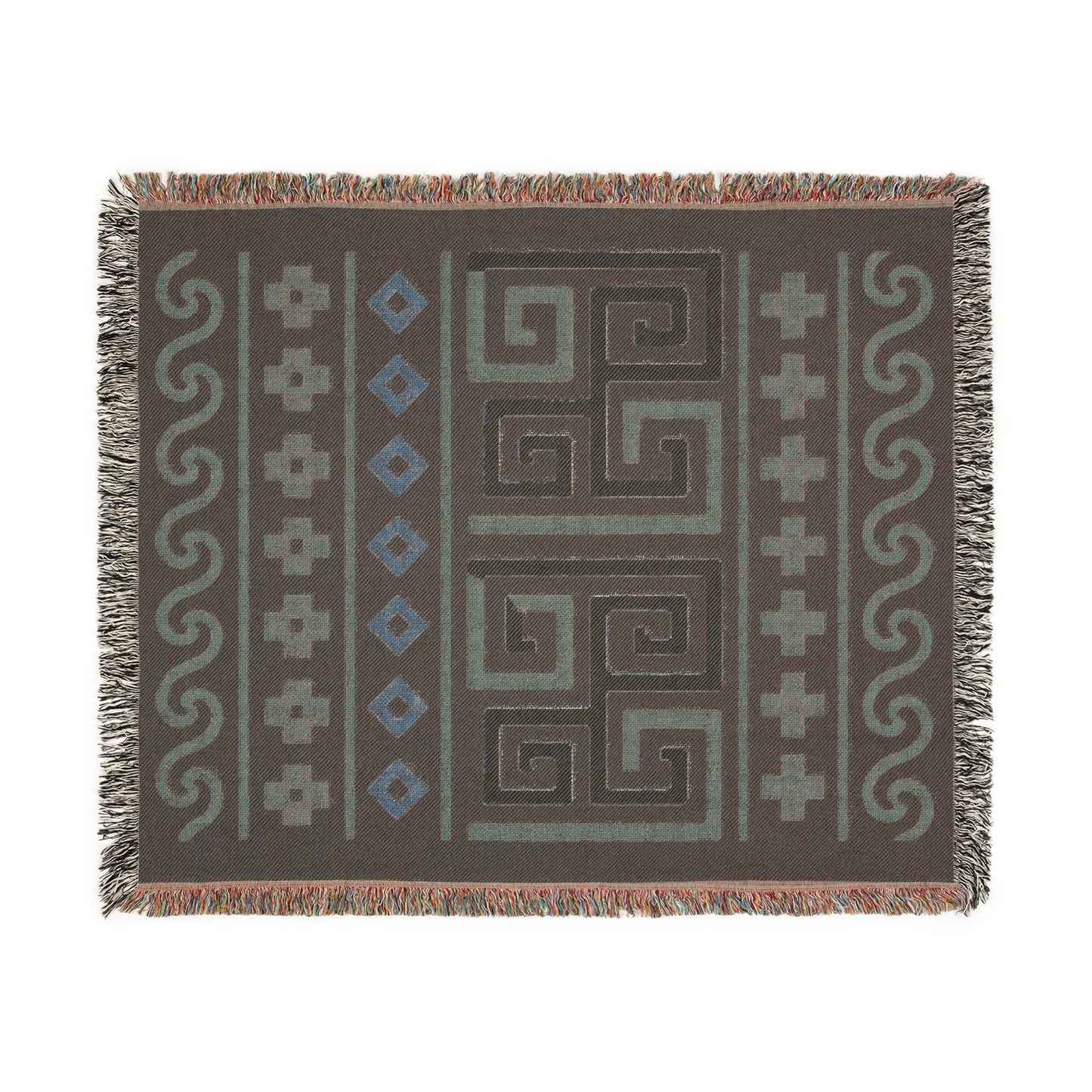 Illyrian Boho Weave - Night Labyrinth Woven Throw Blanket in Sand, Taupe & Onyx