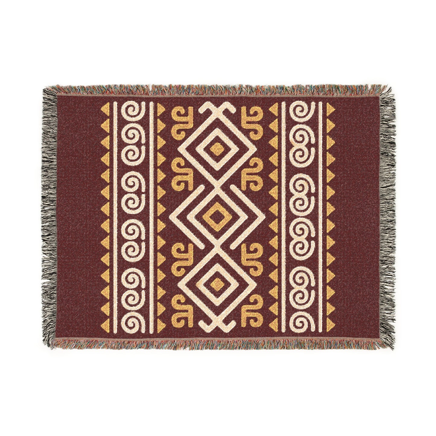 Burgundy, Gold & Cream Boho Tribal Diamond Woven Throw Blanket - Illyrian Weave