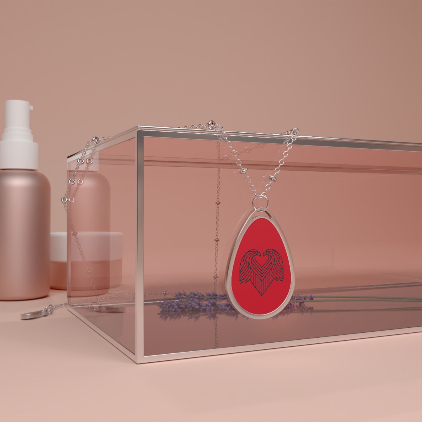 Red Oval Necklace with Heart Design of Eagles, Anniversary Gift, Unique Keepsake, Boho Style