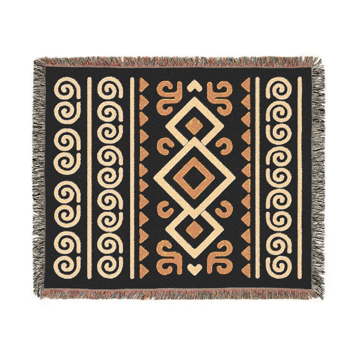 Black, Gold & Cream Boho Diamond Spiral Woven Throw Blanket - Illyrian Weave