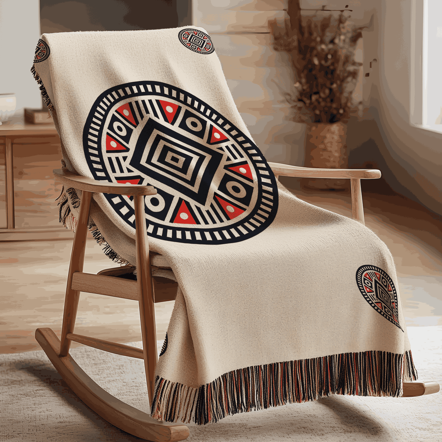 Illyrian-Inspired Woven Blanket – Bold Geometric Patterns In Red, Black, And White