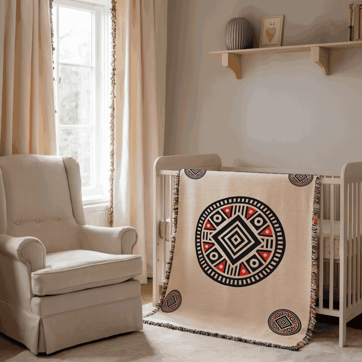 Illyrian-Inspired Woven Blanket – Bold Geometric Patterns In Red, Black, And White