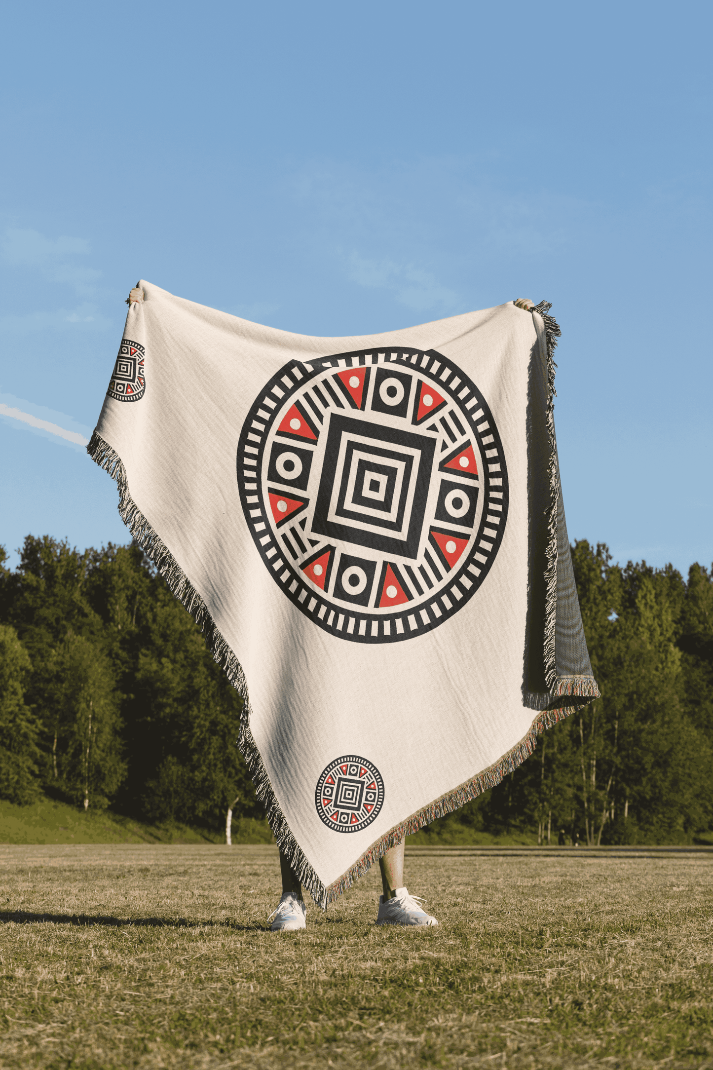 Illyrian-Inspired Woven Blanket – Bold Geometric Patterns In Red, Black, And White