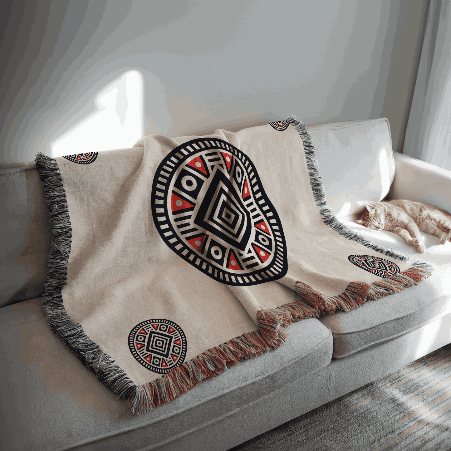 Illyrian-Inspired Woven Blanket – Bold Geometric Patterns In Red, Black, And White