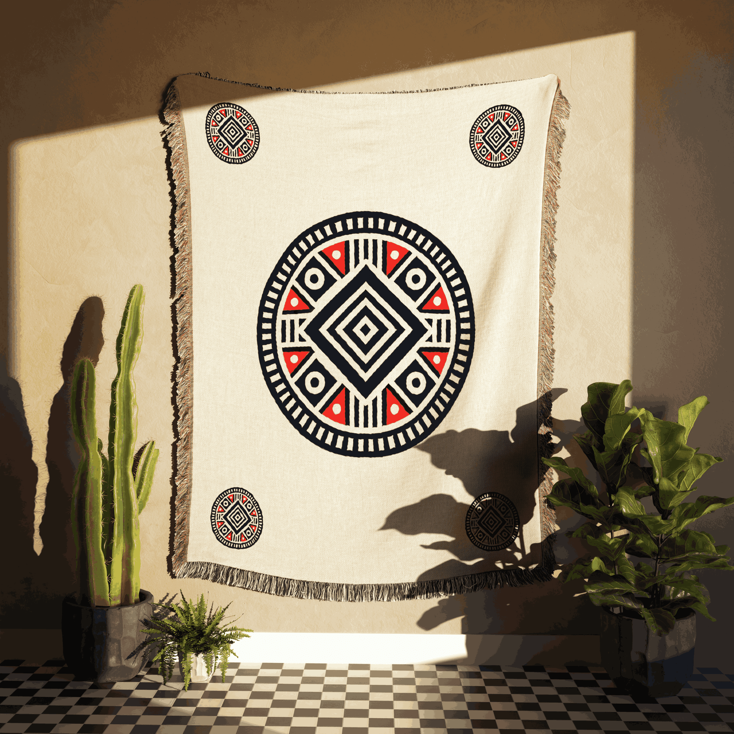 Illyrian-Inspired Woven Blanket – Bold Geometric Patterns In Red, Black, And White