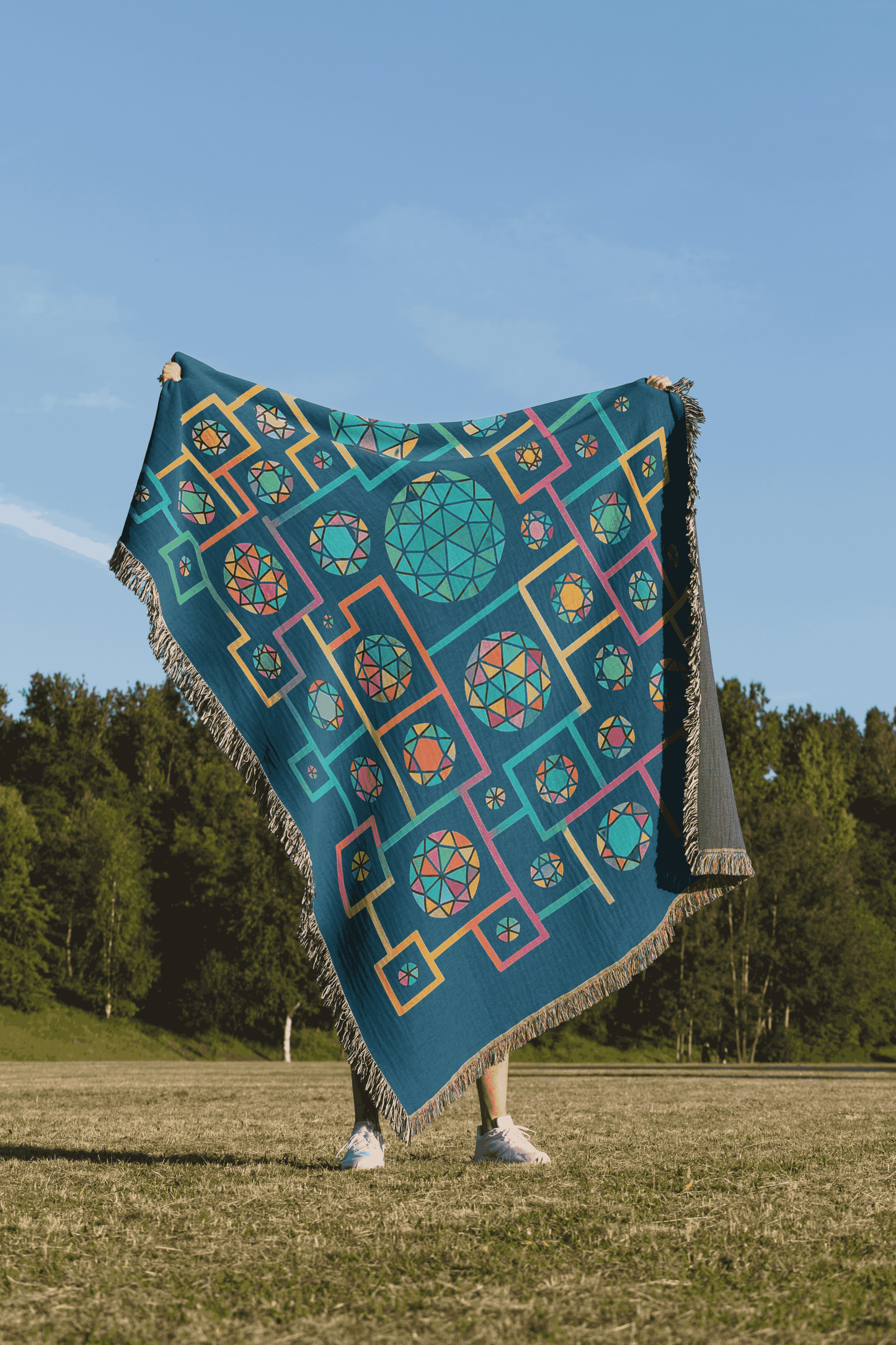Geometric Heritage Woven Throw Blanket – Teal Edition
