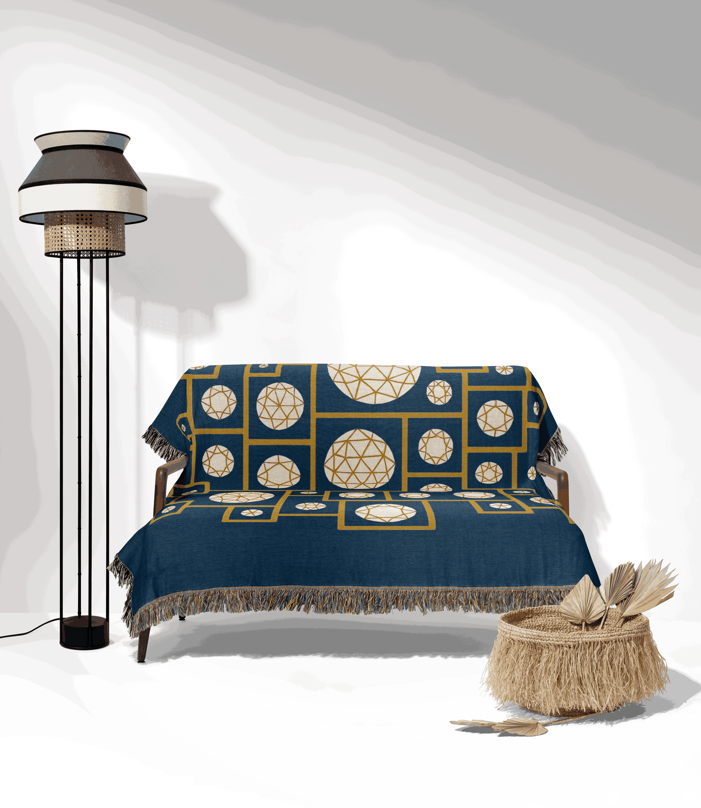 Geometric Heritage Woven Blanket – Teal & Gold Edition