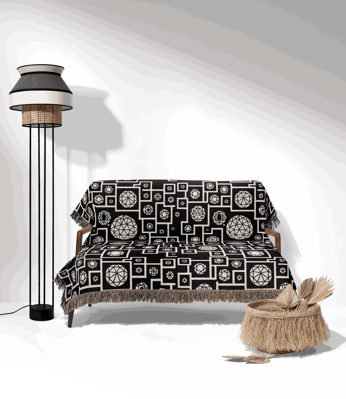 Geometric Heritage Woven Throw Blanket - Black & White Edition
