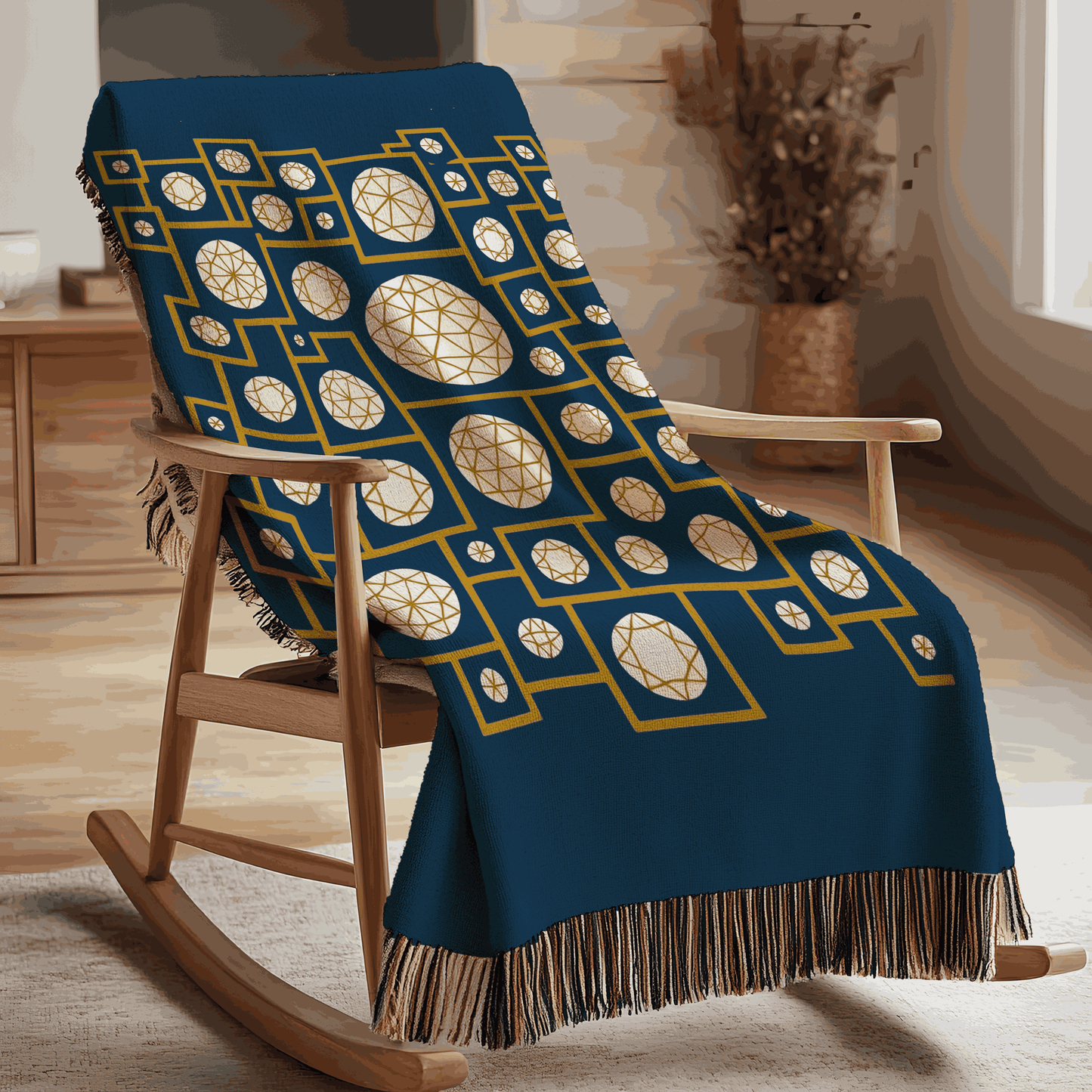 Geometric Heritage Woven Blanket – Teal & Gold Edition