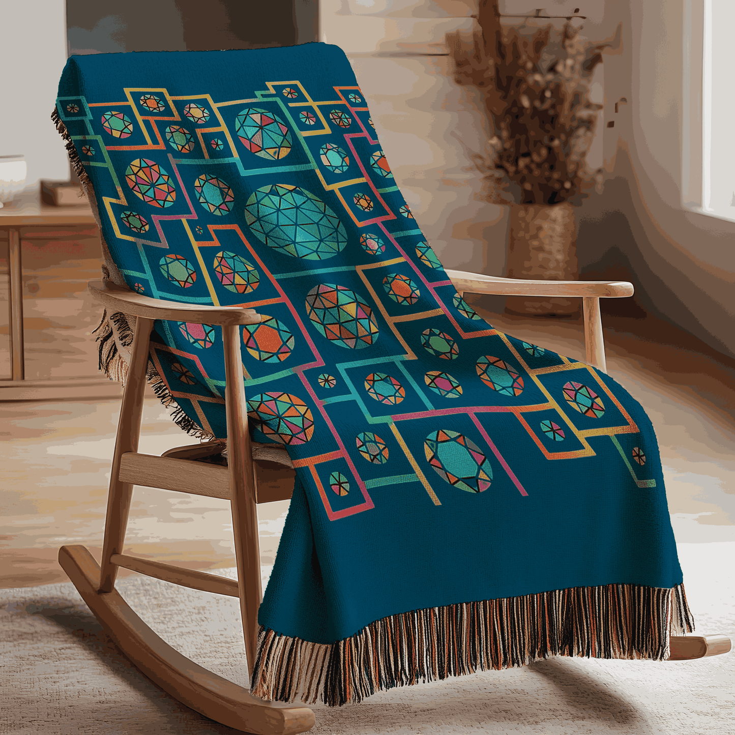Geometric Heritage Woven Throw Blanket – Teal Edition