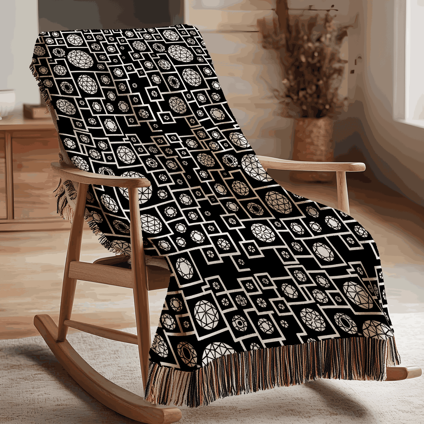 Geometric Heritage Woven Throw Blanket - Black & White Edition