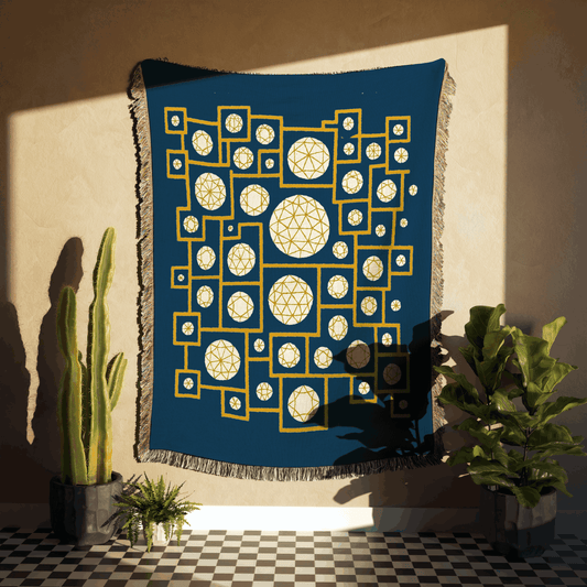 Geometric Heritage Woven Blanket – Teal & Gold Edition