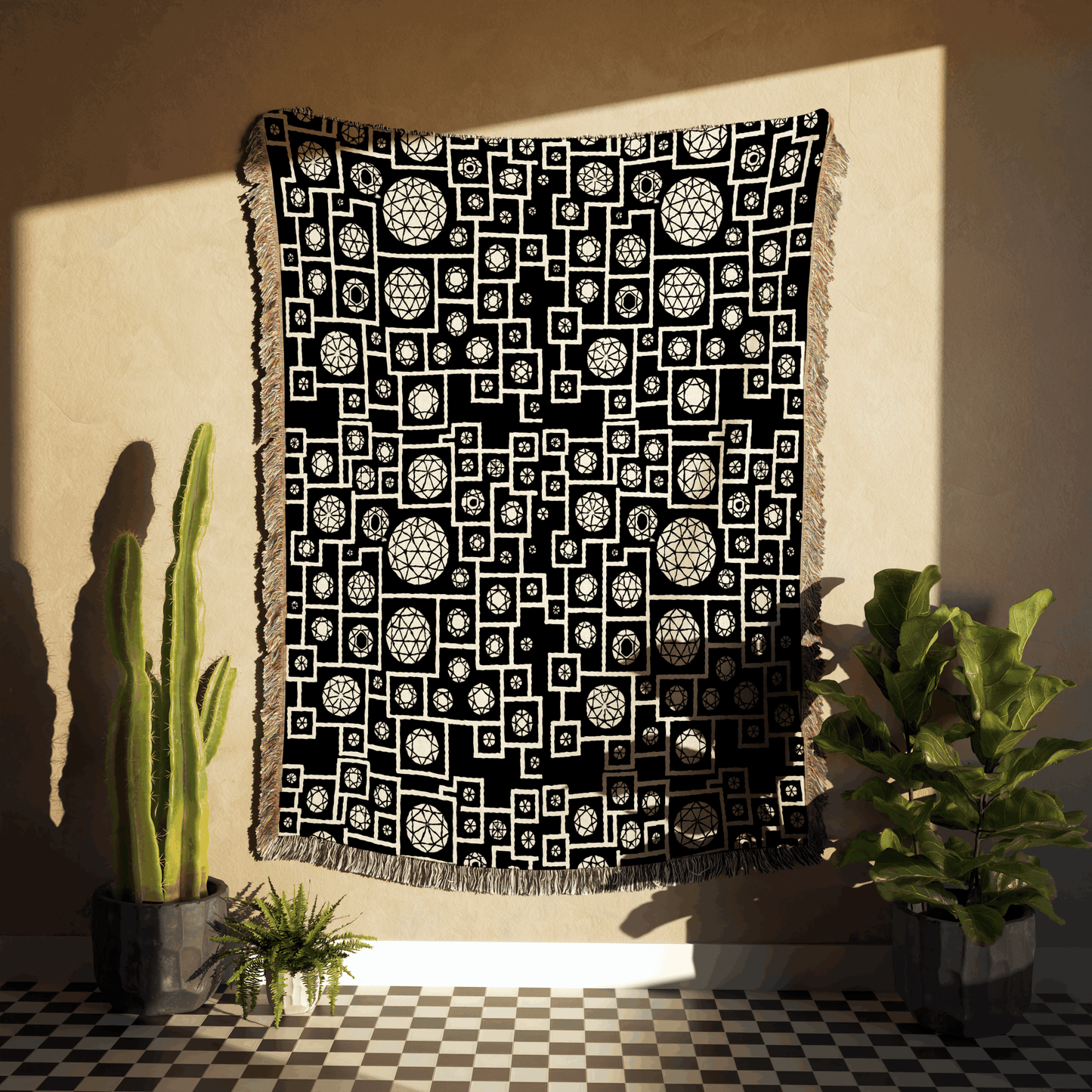 Geometric Heritage Woven Throw Blanket - Black & White Edition