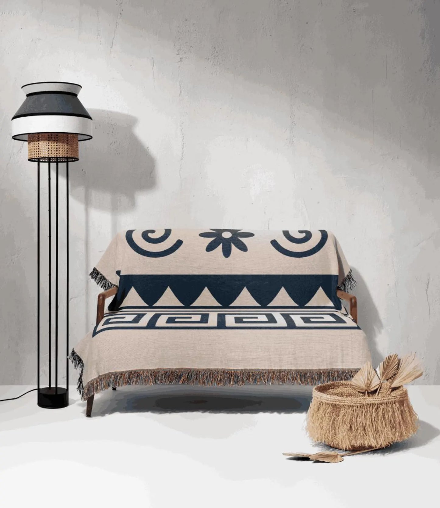 Cream & Deep Navy Boho Floral and Geometric Woven Throw Blanket - Illyrian Weave