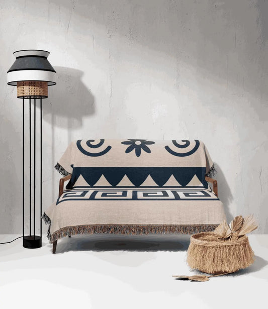 Cream & Deep Navy Boho Floral and Geometric Woven Throw Blanket - Illyrian Weave