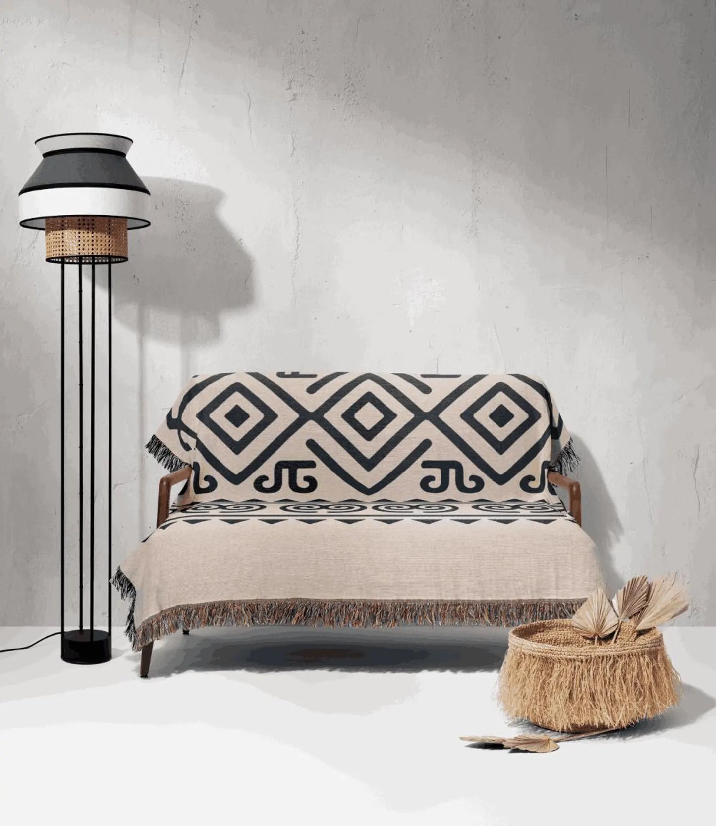 Cream & Deep Navy Boho Diamond and Spiral Woven Throw Blanket - Illyrian Weave